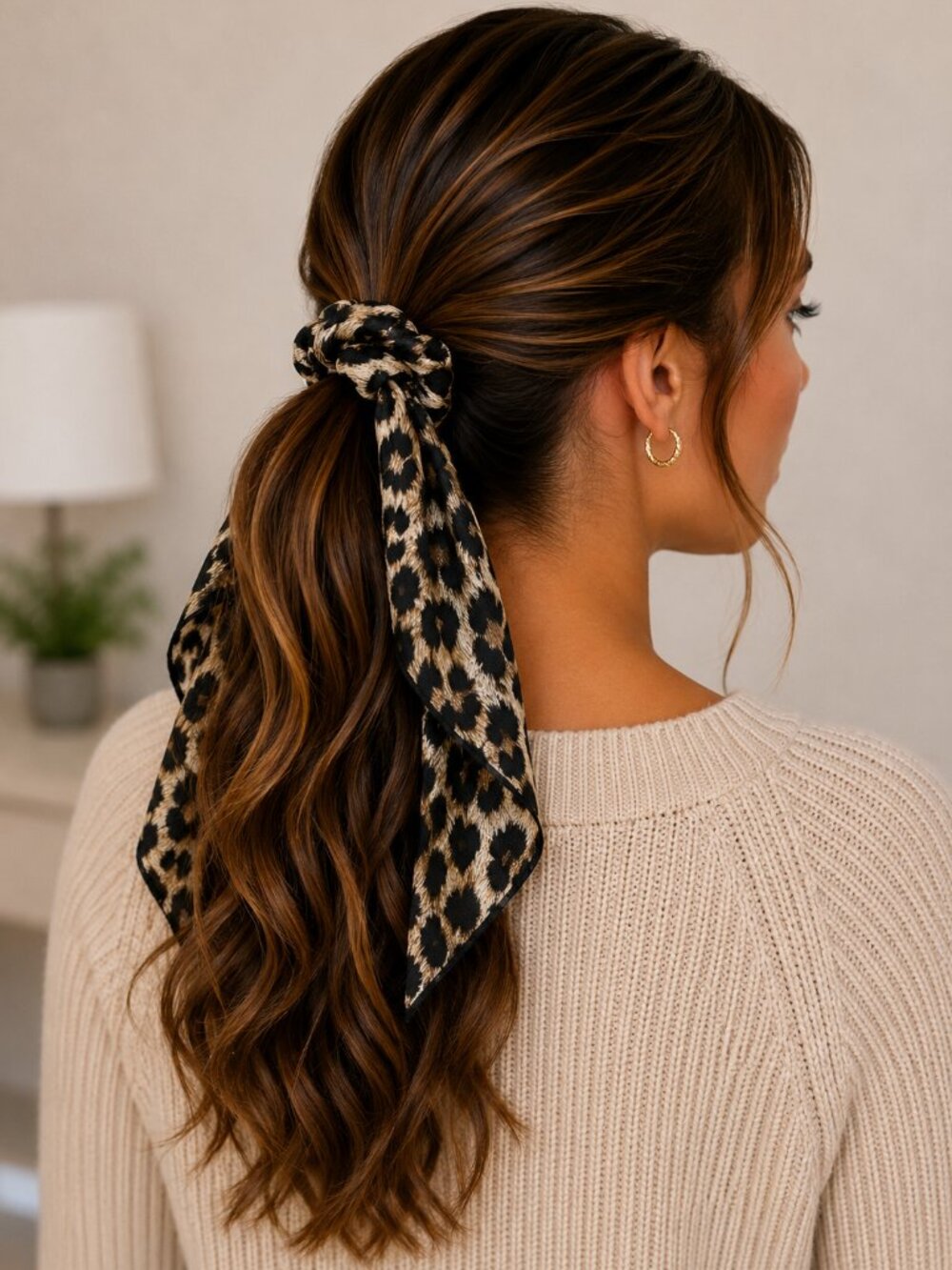Leopard Print Black & Cream Satin Scrunchie Scarf - NEW